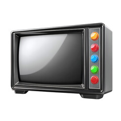 A classic black and white television set with colorful buttons stands on a white background, evoking nostalgic feelings of a simpler era of television entertainment