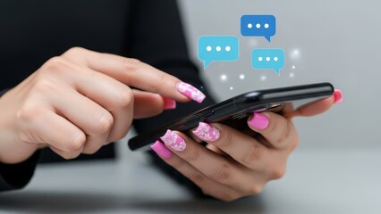 Woman's hands with bright pink nails text message on a smartphone with speech bubble icons.