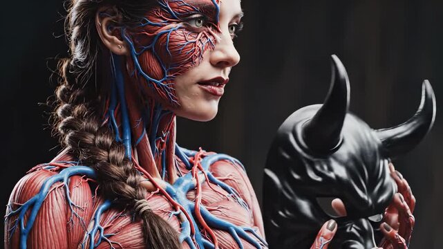A woman stands holding a black horned mask. Her body is painted with intricate designs representing veins and muscles, creating a striking visual contrast.