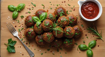 Delicious Homemade Meatballs with Fresh Basil and Ketchup, Top View on Wooden Board, Savory Italian Food Presentation perfect for National Meatball Day