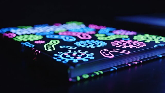 The notebook displays a collection of bright, colorful bacteria and virus designs. The vivid patterns on the notebook resemble bacteria and virus shapes under a dark background.