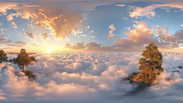 Panoramic view of trees emerging from a sea of clouds at sunset.