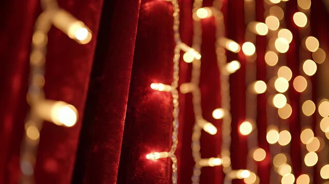 Festive String Lights on Velvet Curtains - Warm string lights illuminate luxurious red velvet curtains, creating an inviting and festive atmosphere.