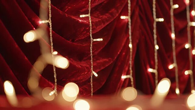 Festive Ambiance with String Lights and Red Velvet Curtains - This video showcases a warm festive ambiance created by delicate string lights draped over luxurious red velvet curtains.