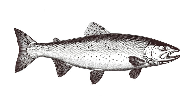 Fish sketch salmon trout. Vintage retro print, black white salmon trout fish sketch ink pencil style drawing, linear drawing, engrave old school. Sketch artwork salmon trout fish. Illustration