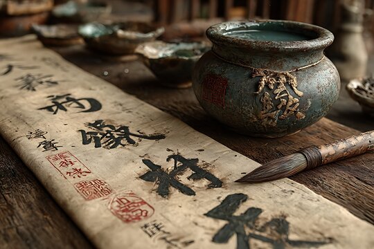 Traditional oriental calligraphy scroll high resolution picture