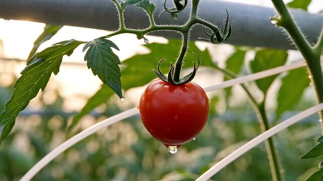 Close up of single ripe red cherry tomato hanging on green vine with water droplets in greenhouse