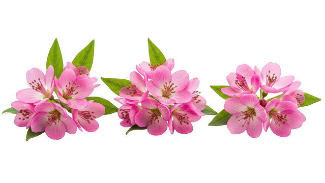 Three clusters of pink flowers with green leaves isolated on transparent background