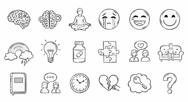 A set of minimalist line art icons representing mental health and wellness concepts