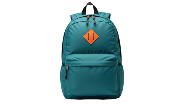 Teal backpack with orange logo and black straps isolated on transparent background