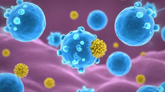 Stages of virus attacking human cell. Viral infection spreading mechanism. Concept of immune response and disease progression.