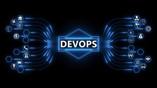Dev Ops Concept with Warning Sign and Various on Digital Background devops technology software development for enterprise IT operations and security monitoring