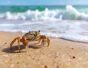 Crab on Sandy Beach with Gentle Ocean Waves