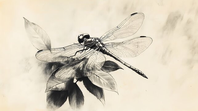 Detailed illustration of a dragonfly perched on foliage.