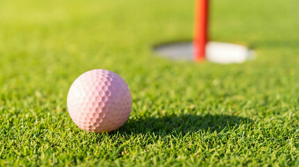 Close up of a single pink dimpled golf ball resting perfectly positioned on lush green fairway grass awaiting the next putt near the distant hole flag
