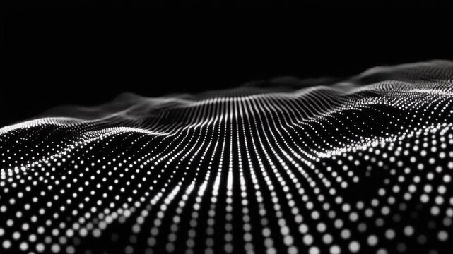 A dynamic wave surface of glowing white dots arranged in a grid against a black background, forming a futuristic terrain symbolizing data flow, networks, and digital landscapes.