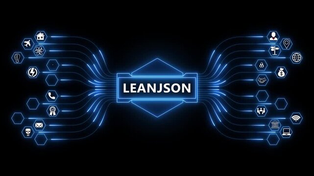 Structured data format network animation with glowing connections and technology icons, json based digital data exchange concept