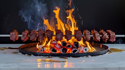 Wide Horizontal Fire Grilling a Large Doner Kebab Spit against White Backdrop