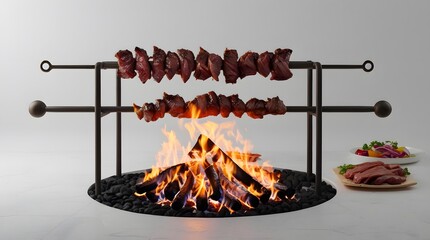 Appetizing Kebab Meat on Spit Grilling Over Open Flames Isolated on White