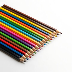 Fototapeta premium A collection of colorful pencils arranged in a row. They vary in color and are sharpened isolated on white background.generative ai
