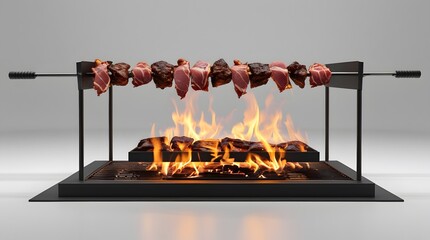 Large Shawarma Meat Cone Roasting Over Intense Horizontal Fire on White Background