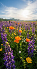 Obraz premium Vibrant wildflower meadow with lupines, poppies, and daisies under a sunny sky