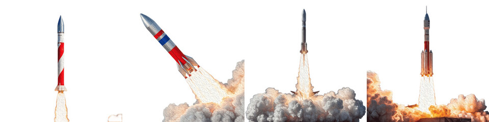 Space Rocket Launch and Spacecraft Liftoff Set Isolated on Transparent Background PNG © Chr