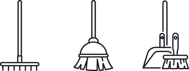 Collection of cleaning tools: broom, dustpan, and brush, and rake icons