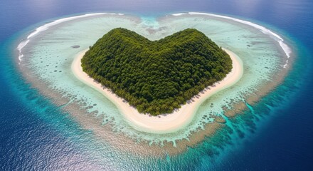 A serene island surrounded by a heart-shaped coral reef in the ocean.