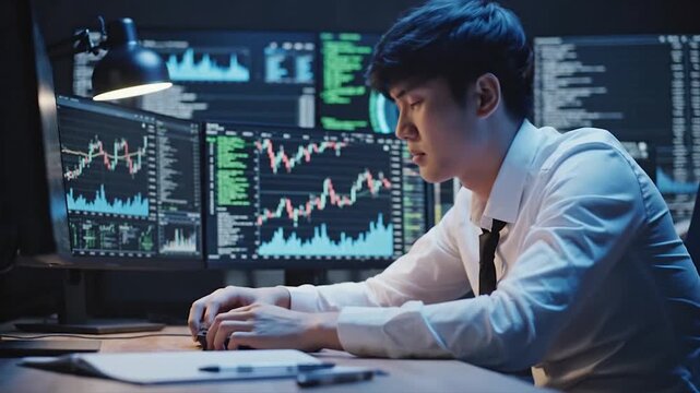 Young man stressed at computer with stock market data on screens.