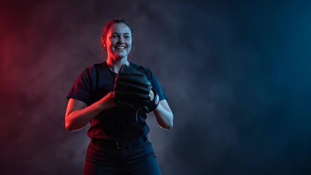 focused caucasian female softball player throwing ball. dark studio portrait with red and blue neon lights in smoke. sport competition.
