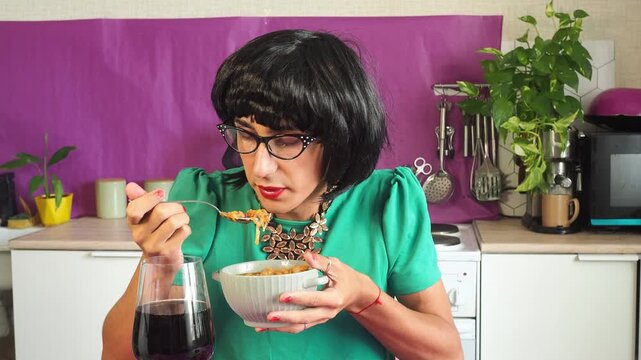 a woman eating chicken soup