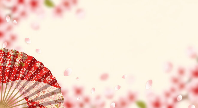 扇と桜の花びら背景素材、春のイメージ 40字