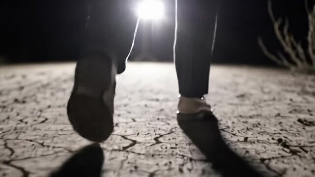Extreme low-angle tracking video of a lone figure's lower legs in dark pants, light shoes, stepping on cracked earth at deep night, powerful rim lighting. Gritty neo-noir atmosphere
