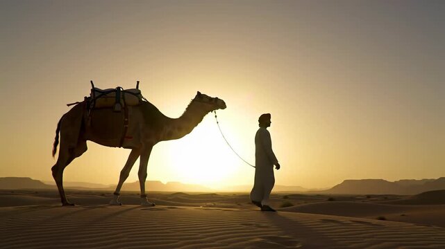A lone man in traditional desert robes and a saddled camel walk across rippled sand dunes under a colossal setting sun, creating majestic silhouettes. Epic desert journey