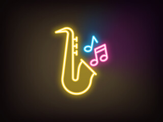 Outline neon jazz music, yellow pink blue. Neon saxophone with musical notes. Jazz retro party, live classical music, musical festival and jazz show, golden sax melody play, music concert. Vector