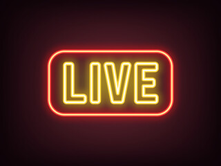Outline neon Live text icon, red yellow. Neon Live tag with frame. Livestream sport game, live play. Music radio on air, live broadcast interview. News and tv show on air, live podcast. Vector