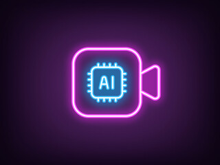 Outline neon AI camera icon, magenta blue. Neon AI video processing algorithms. Neural network for generating movie and music clip, artificial intelligence for video content creation. Vector