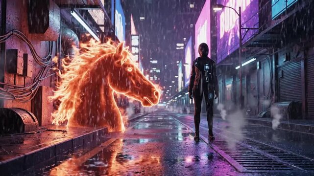 Enigmatic fiery horse materializes on a dark, rainy cyberpunk street, a lone figure stands amidst glowing neon lights in a futuristic urban landscape.
