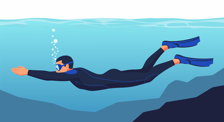 Vector illustration of a person in a wetsuit swimming underwater with flippers and goggles, exploring the blue ocean depths © PDWN Creative