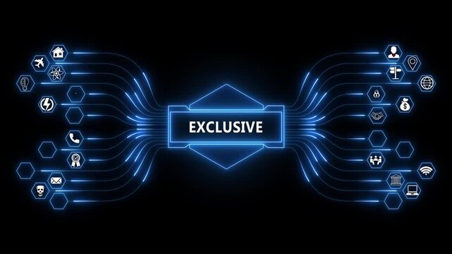 Exclusive access network animation with glowing data connections and technology icons, premium digital service concept