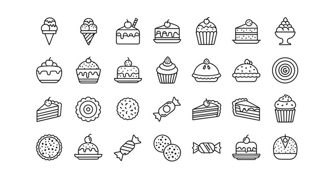 A delightful collection of various desserts and baked goods in a minimalist line art style Vector