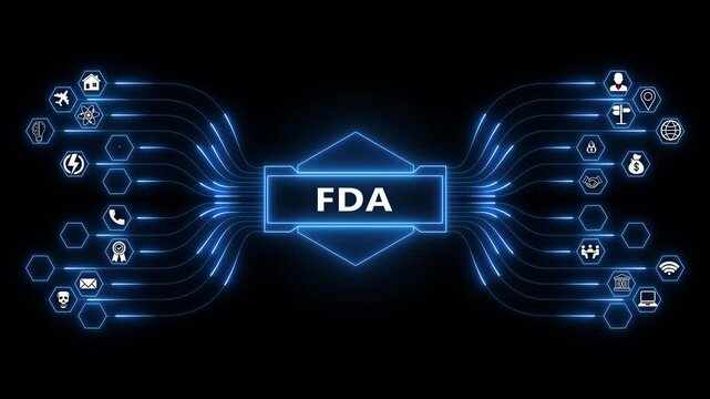 Doctor working on virtual touch screen presses abbreviation: FDA. Food and Drug Administration ( FDA ) Department Service Medical Concept on a black background for healthcare regulation technology