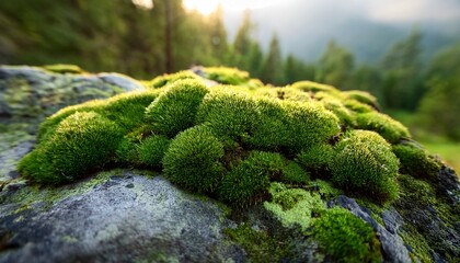 Close Up Of Lush Green Moss Growing On Rugged Rock Surface In Natural Outdoor Setting