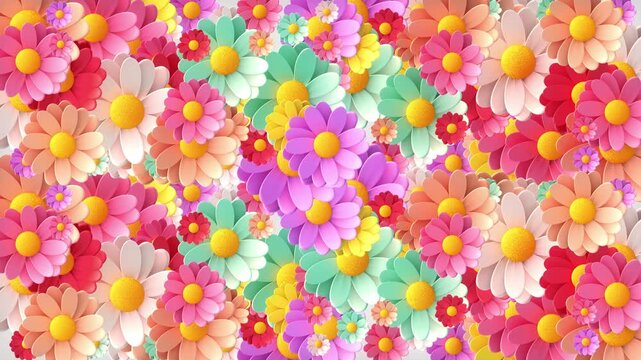 Looped 3D Background Animation of Randomly Rotating Colorful Flowers