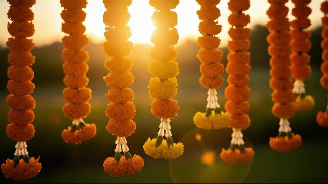 orange marigold flower garlands hanging against golden sunset light. traditional indian wedding and diwali festival decoration. hindu religious celebration background.
