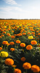 Fototapeta premium Vast field of vibrant orange marigolds blooming under a clear blue sky