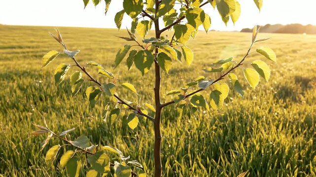 Young sapling thriving in a vibrant green field under the warm glow of a golden sunset, symbolizing growth, new life, and natural beauty.