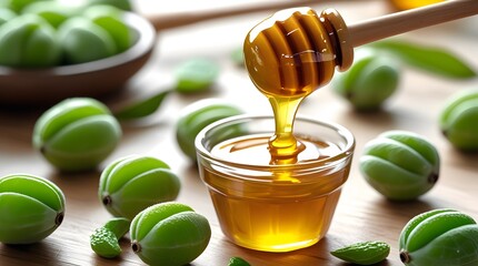 High-Detail Cinematic Shot of Glossy Honey Being Poured onto Chopped Amla Fruits on a Rustic Wooden Table