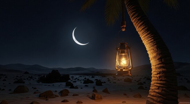 A serene desert landscape illuminated by a lantern under a crescent moon.